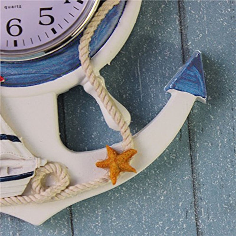 WINOMO Mediterranean Style Anchor Clock Beach Sea Theme Nautical Wheel Rudder Steering Wheel Decor Wall Hanging Decoration - Image 3